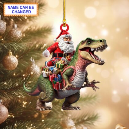 Personalized Santa Riding a Dinosaur Acrylic or Wood Ornament