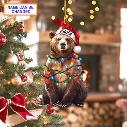 Personalized Bear with Christmas Lights Acrylic or Wood Ornament