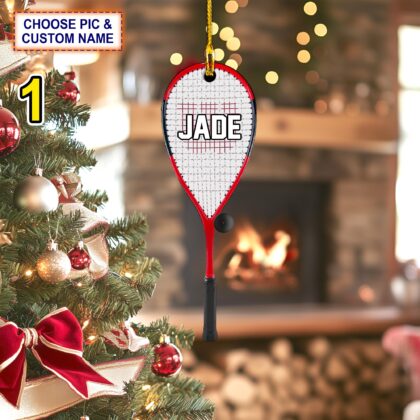 Personalized Squash Racket and Ball Acrylic or Wood Ornament