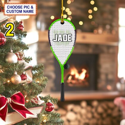 Personalized Squash Racket and Ball Acrylic or Wood Ornament