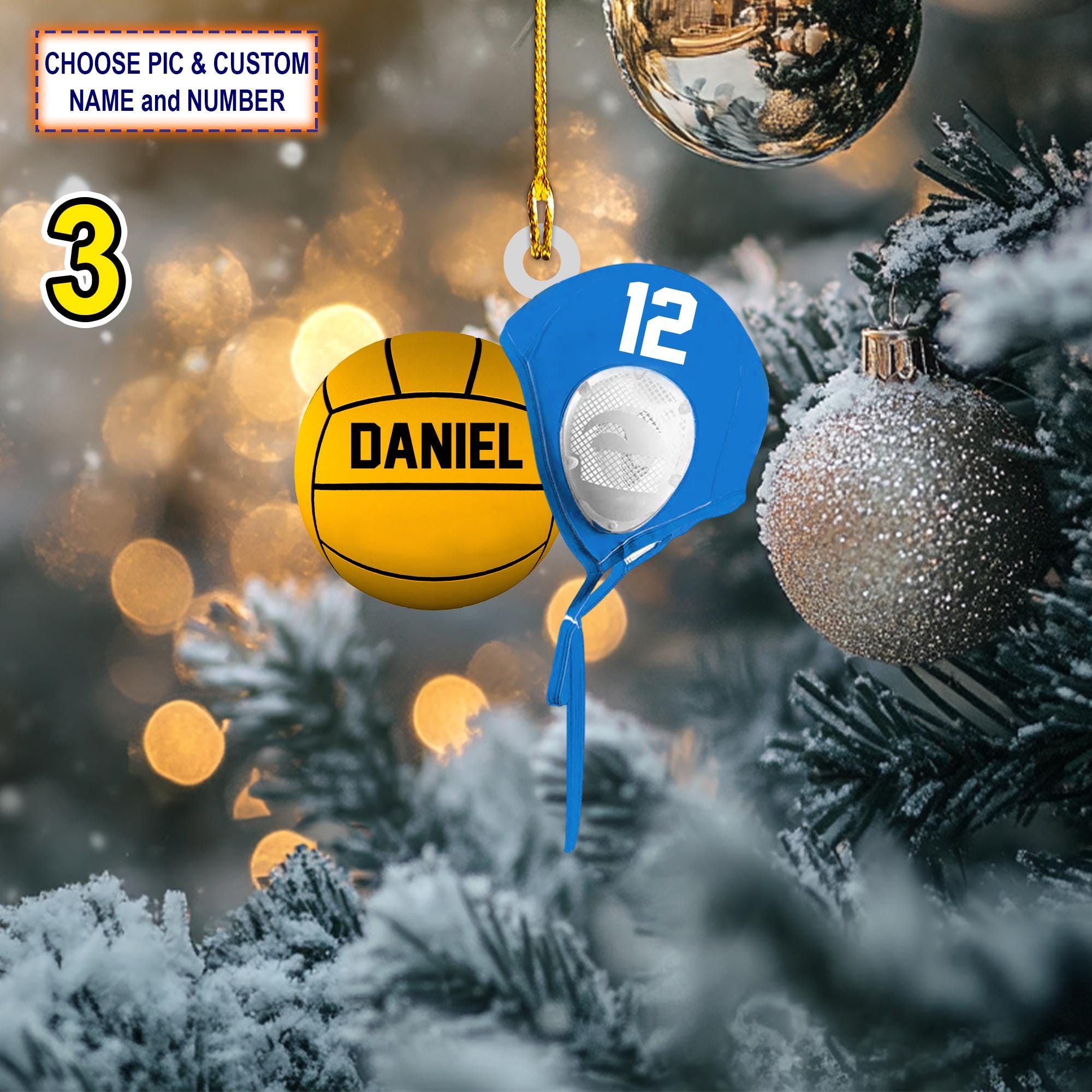 Personalized Water Polo Ball and Cap Acrylic or Wood Ornament