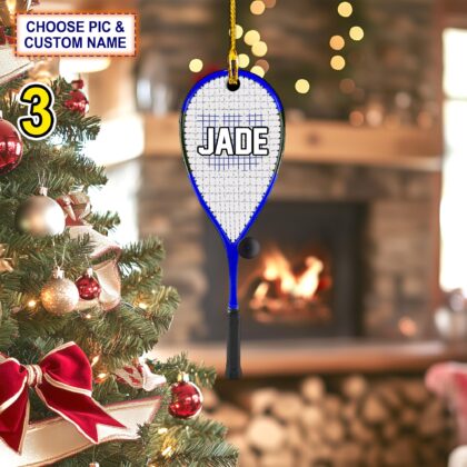 Personalized Squash Racket and Ball Acrylic or Wood Ornament