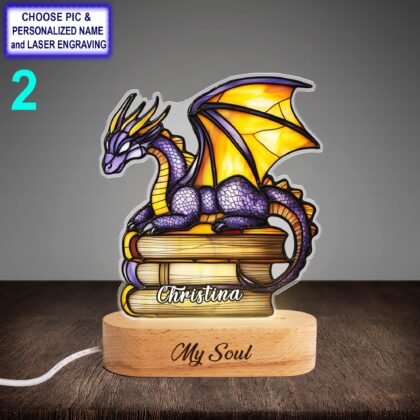 Personalized Book Dragon Acrylic LED Night Light with Beech Wood Base