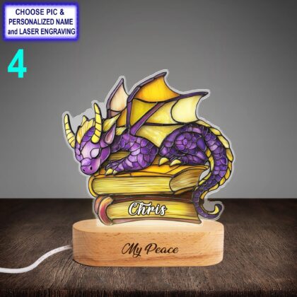 Personalized Book Dragon Acrylic LED Night Light with Beech Wood Base