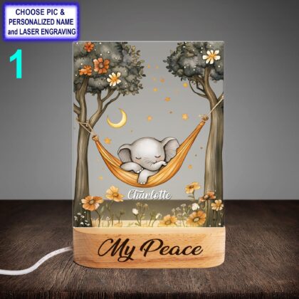 Personalized Sleeping Elephant Acrylic LED Night Light with Beech Wood Base