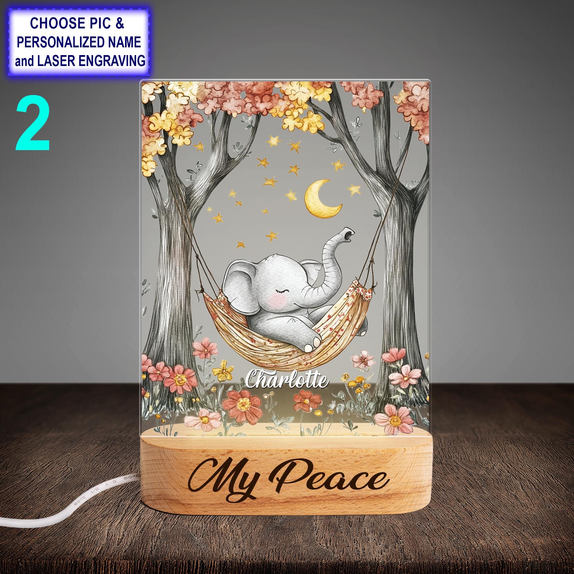 Personalized Sleeping Elephant Acrylic LED Night Light with Beech Wood Base