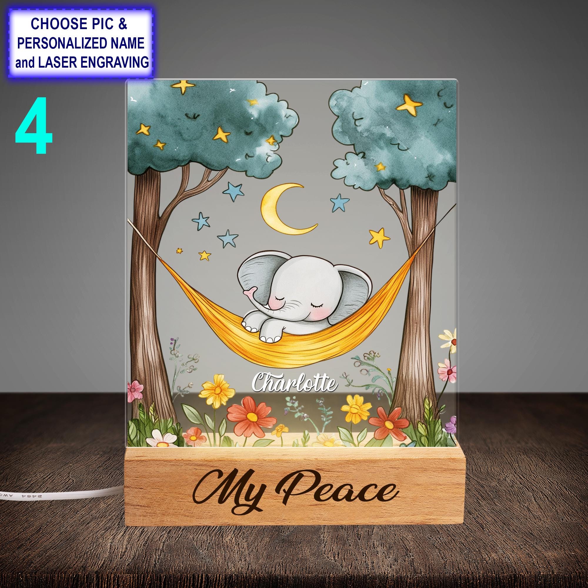 Personalized Sleeping Elephant Acrylic LED Night Light with Beech Wood Base