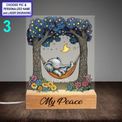 Personalized Sleeping Elephant Acrylic LED Night Light with Beech Wood Base