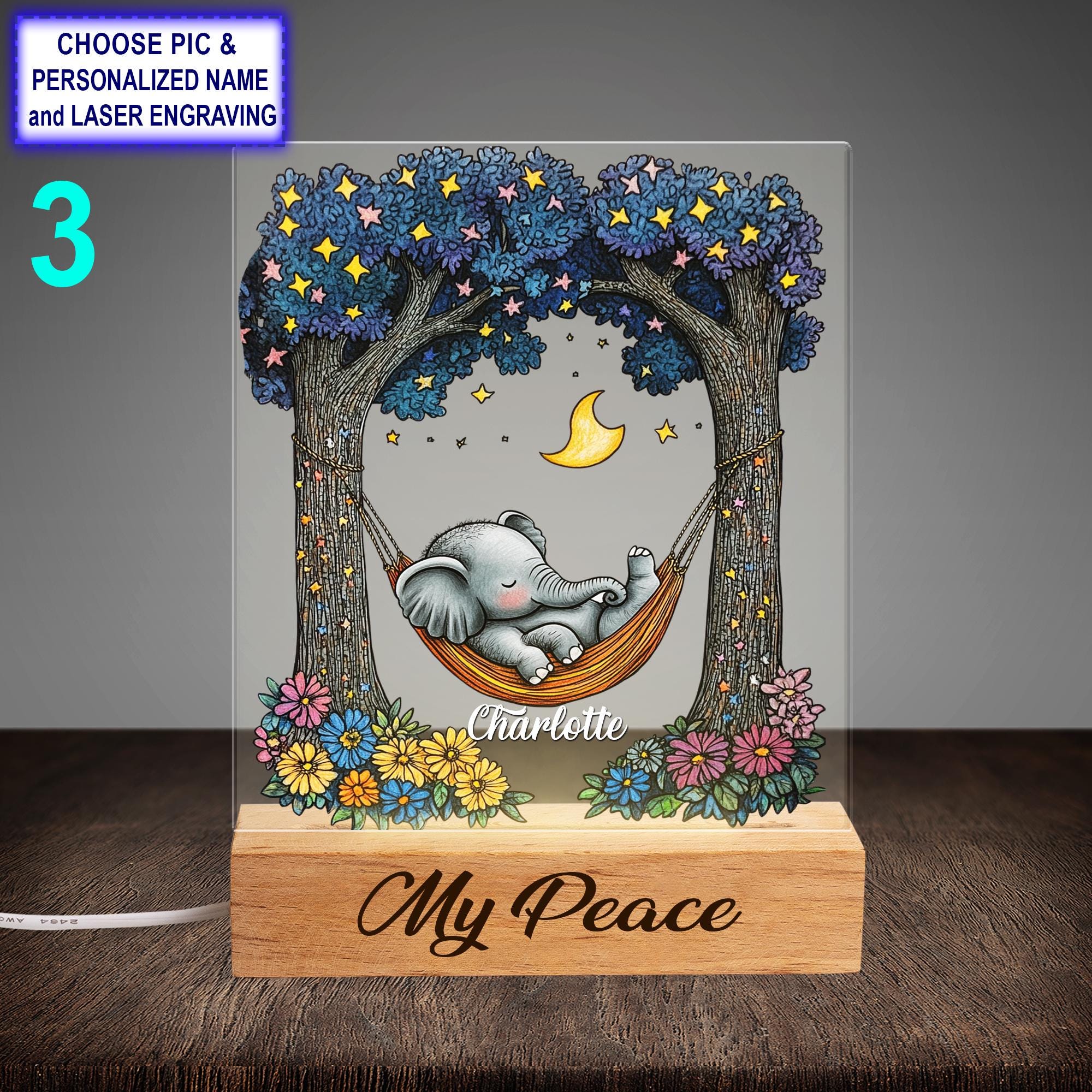 Personalized Sleeping Elephant Acrylic LED Night Light with Beech Wood Base