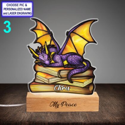 Personalized Book Dragon Acrylic LED Night Light with Beech Wood Base
