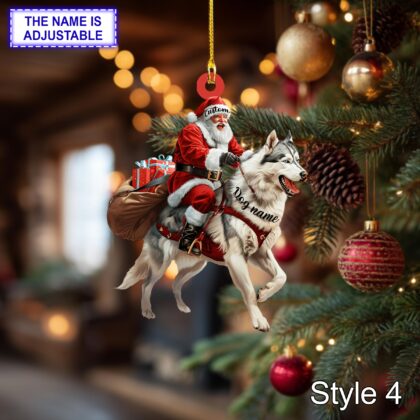 Personalized Santa Riding a Siberian Husky Acrylic or Wood Ornament