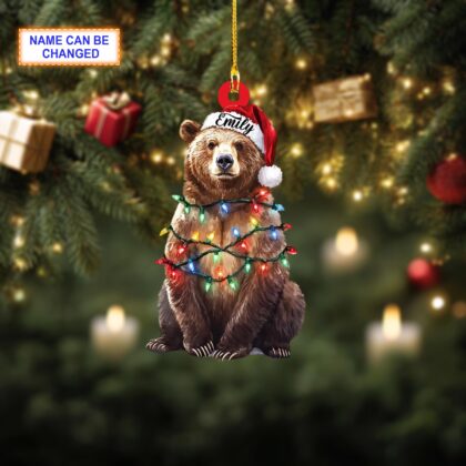 Personalized Bear with Christmas Lights Acrylic or Wood Ornament