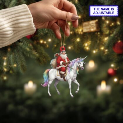 Personalized Santa Riding a Unicorn Acrylic or Wood Ornament
