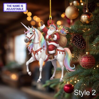 Personalized Santa Riding a Unicorn Acrylic or Wood Ornament