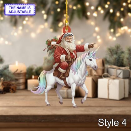 Personalized Santa Riding a Unicorn Acrylic or Wood Ornament