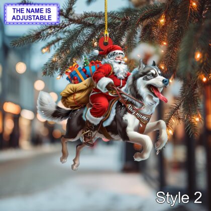 Personalized Santa Riding a Siberian Husky Acrylic or Wood Ornament