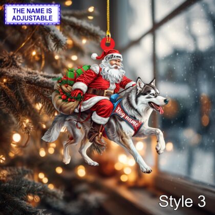 Personalized Santa Riding a Siberian Husky Acrylic or Wood Ornament