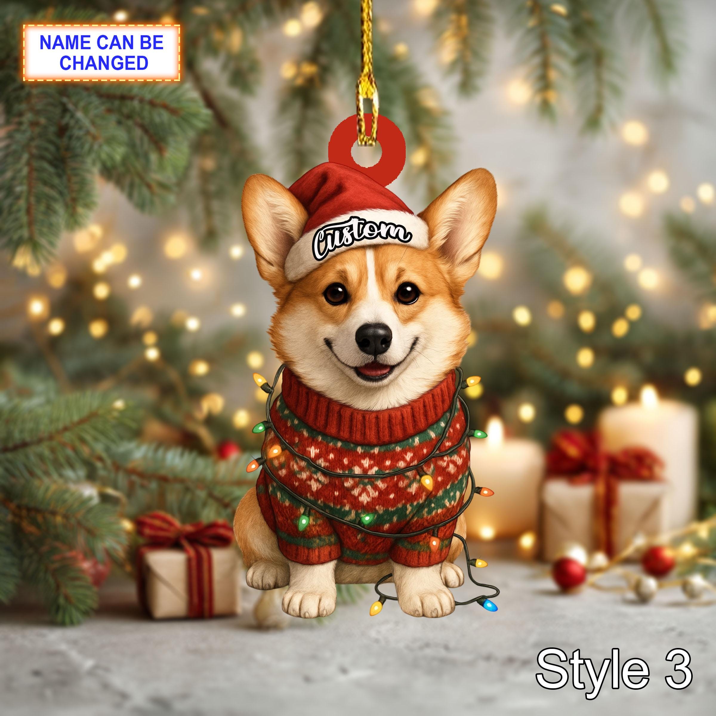 Personalized Corgi with Santa Hat and Christmas Lights Acrylic or Wood Ornament