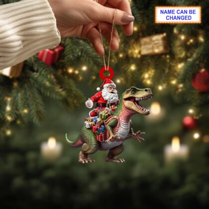 Personalized Santa Riding a Dinosaur Acrylic or Wood Ornament