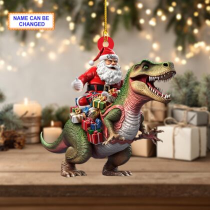 Personalized Santa Riding a Dinosaur Acrylic or Wood Ornament