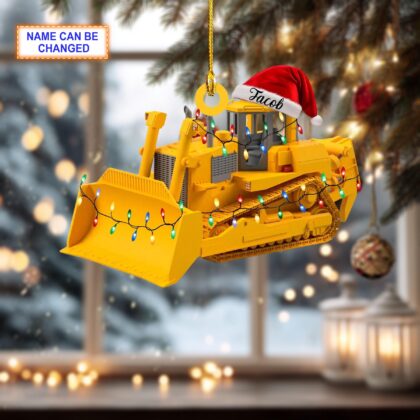 Personalized Bulldozer with Santa Hat and Christmas Lights Acrylic or Wood Ornament