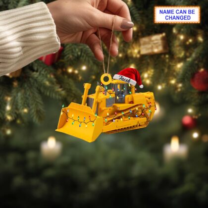Personalized Bulldozer with Santa Hat and Christmas Lights Acrylic or Wood Ornament