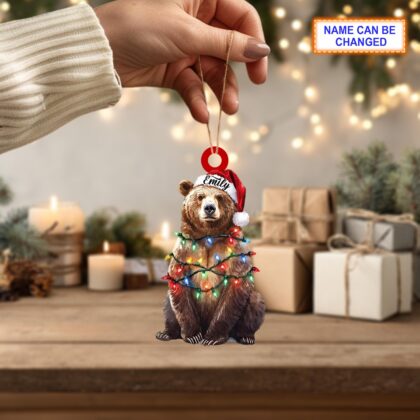 Personalized Bear with Christmas Lights Acrylic or Wood Ornament