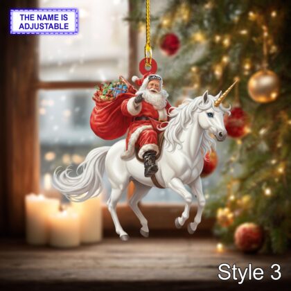 Personalized Santa Riding a Unicorn Acrylic or Wood Ornament