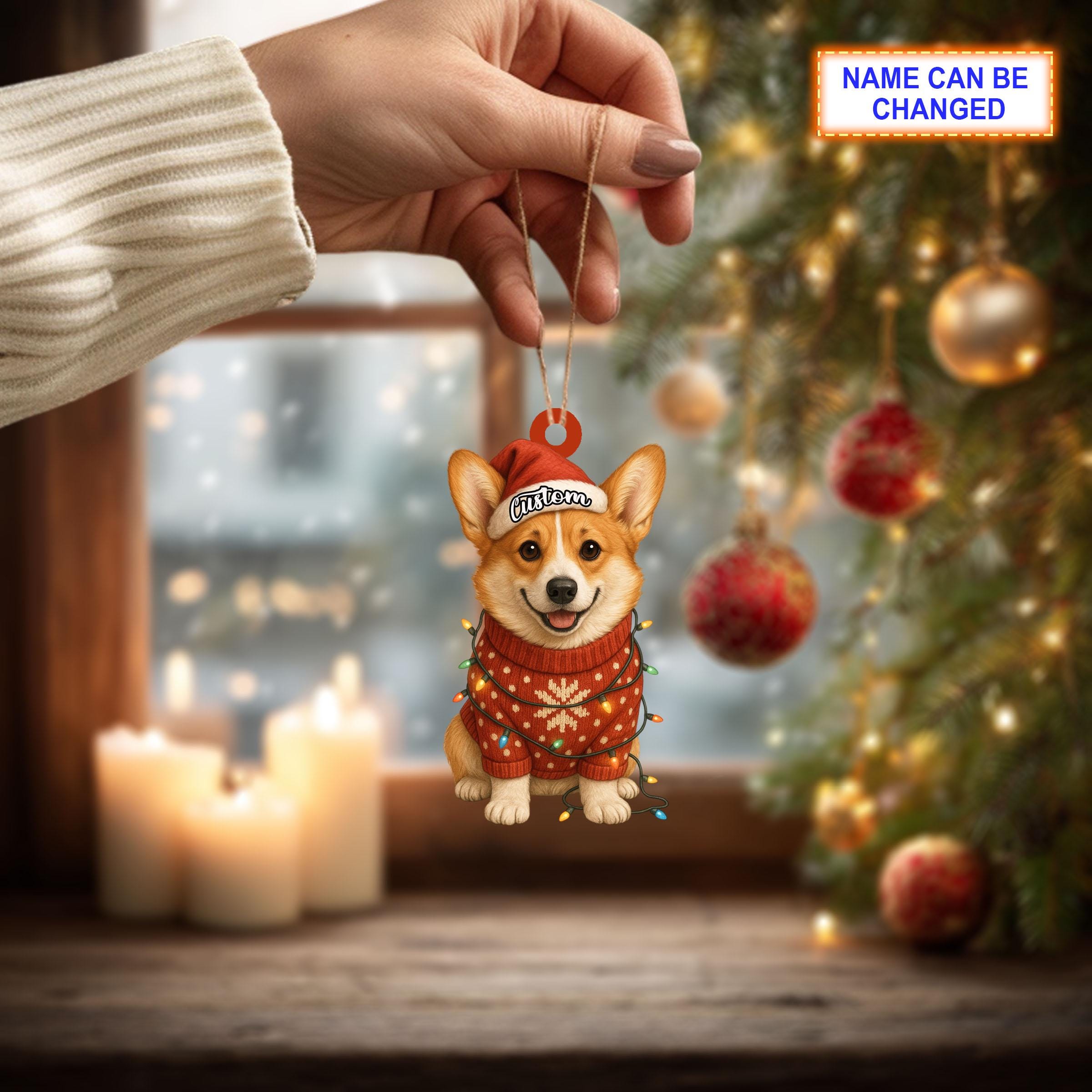 Personalized Corgi with Santa Hat and Christmas Lights Acrylic or Wood Ornament