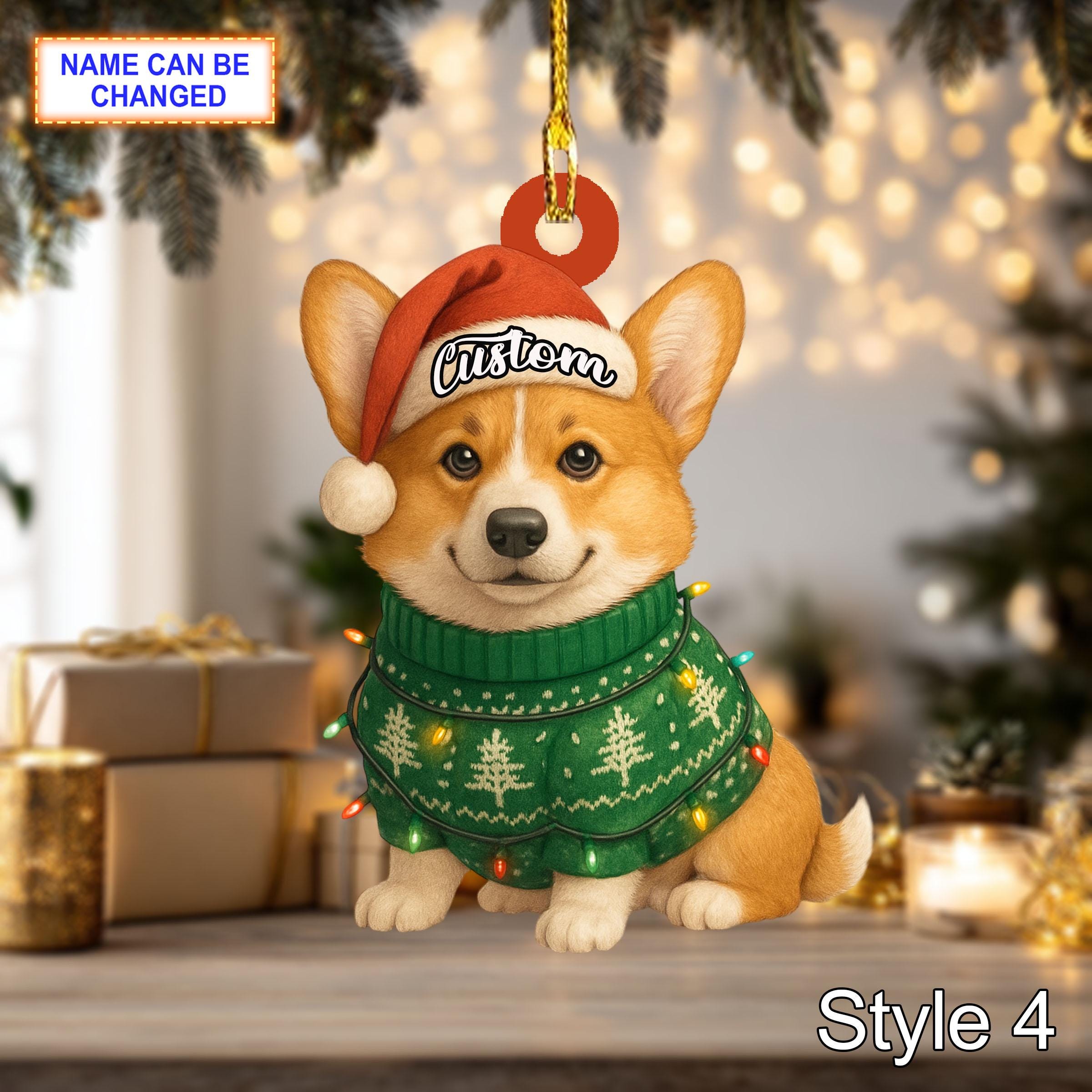 Personalized Corgi with Santa Hat and Christmas Lights Acrylic or Wood Ornament