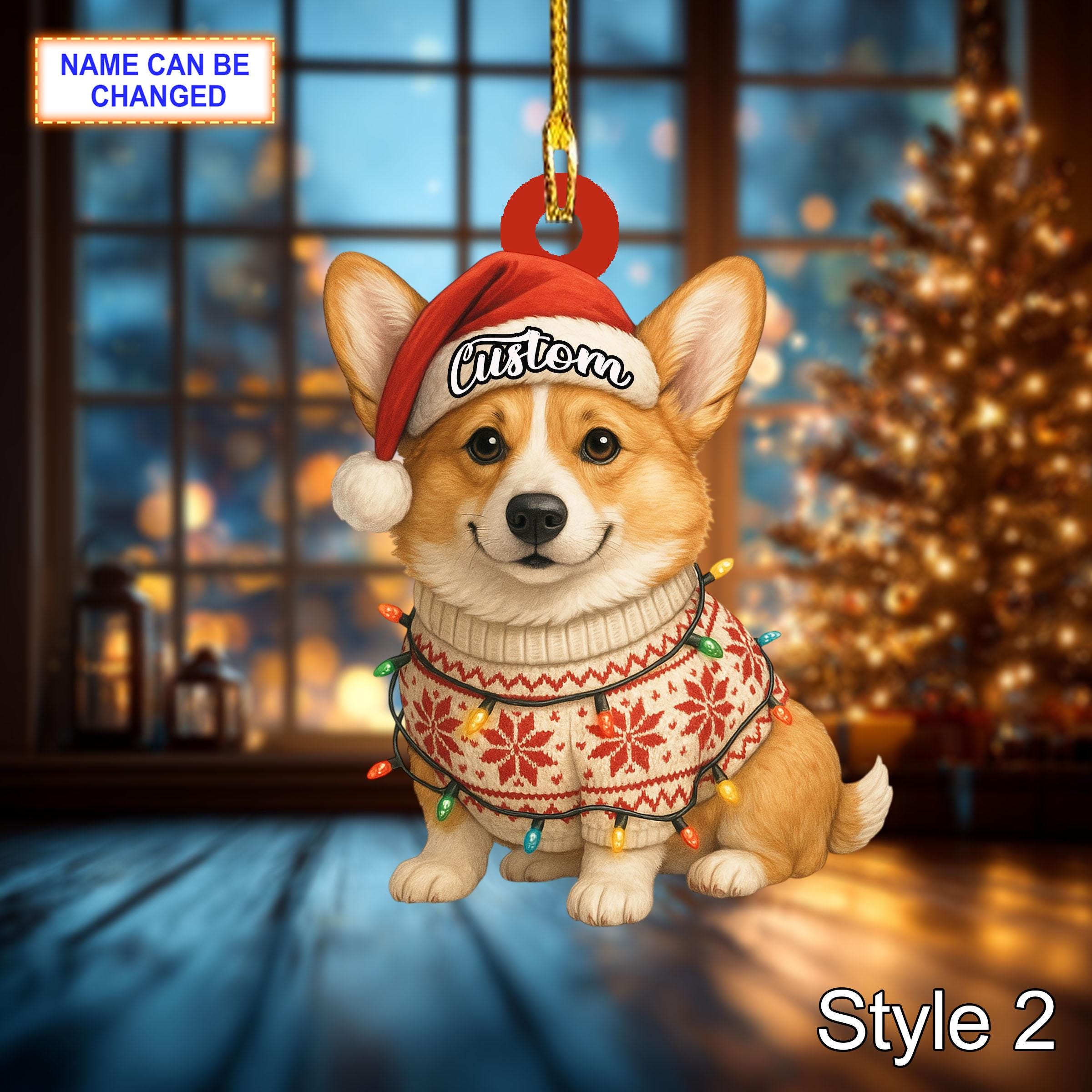Personalized Corgi with Santa Hat and Christmas Lights Acrylic or Wood Ornament