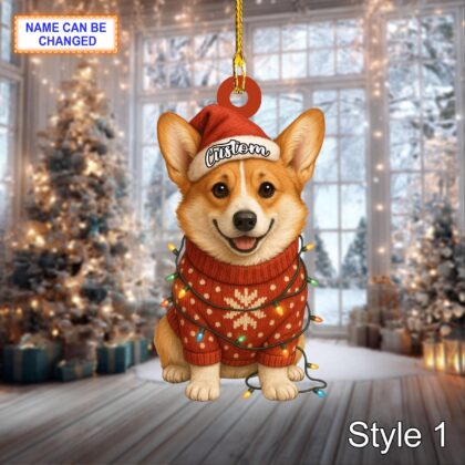 Personalized Corgi with Santa Hat and Christmas Lights Acrylic or Wood Ornament