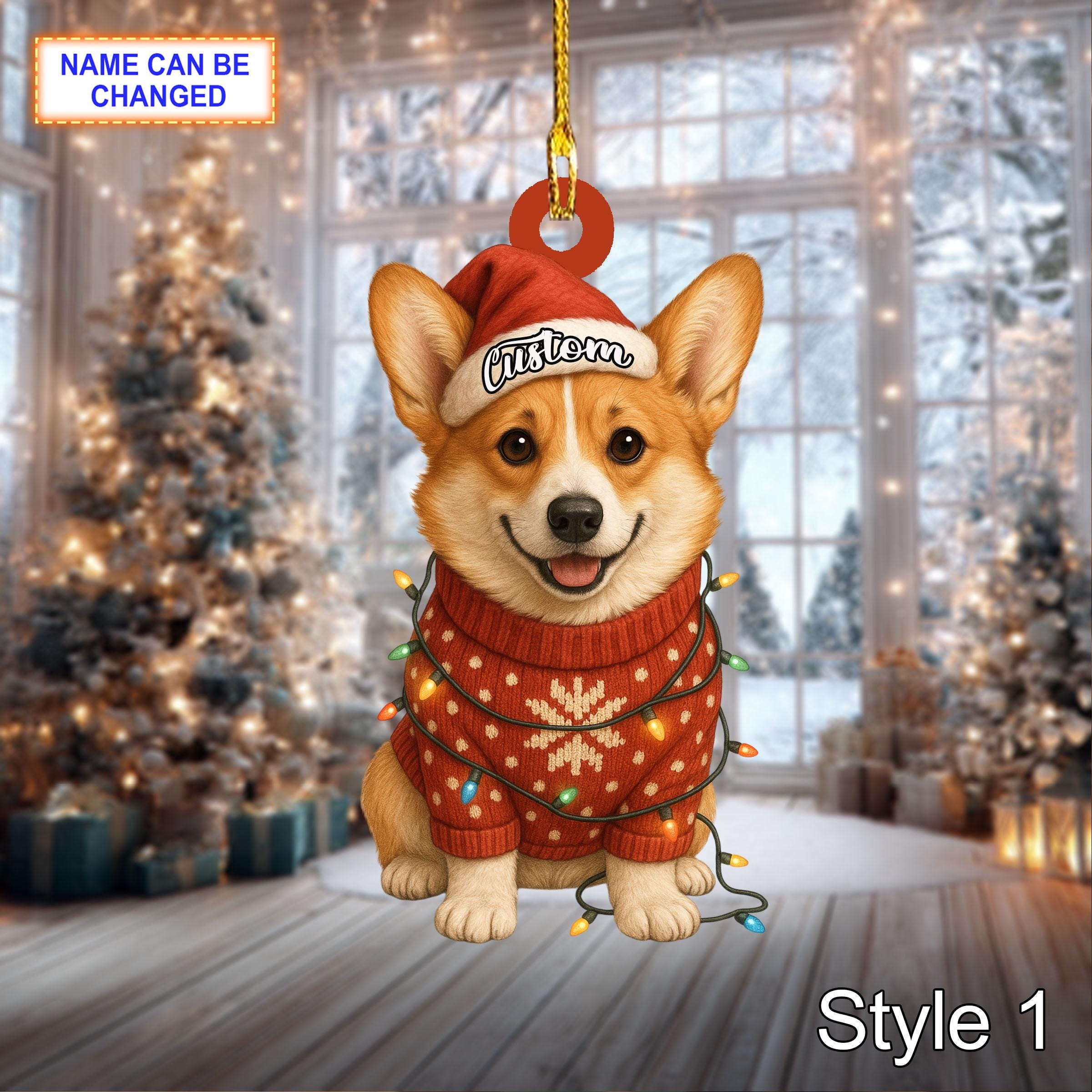 Personalized Corgi with Santa Hat and Christmas Lights Acrylic or Wood Ornament