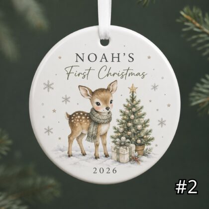 Personalized Baby's First Christmas Fawn Ceramic Ornament - 2026