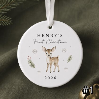 Personalized Baby's First Christmas Fawn Ceramic Ornament - 2026