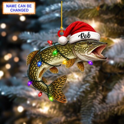 Personalized Game Fish with Santa Hat Acrylic or Wood Ornament
