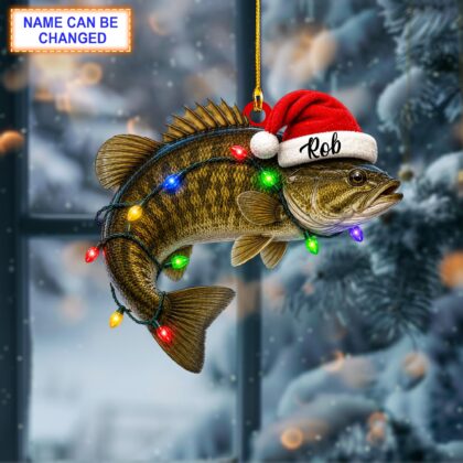 Personalized Game Fish with Santa Hat Acrylic or Wood Ornament