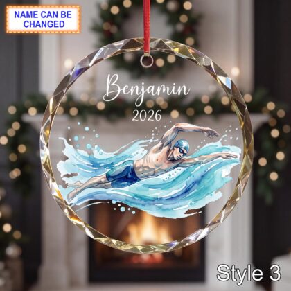 Personalized Swimmer Glass Ornament with Name and Year