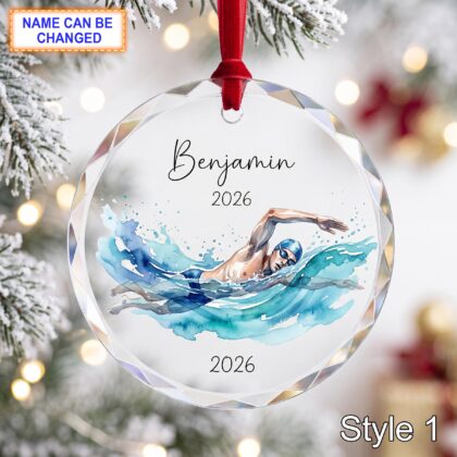Personalized Swimmer Glass Ornament with Name and Year