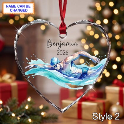 Personalized Swimmer Glass Ornament with Name and Year