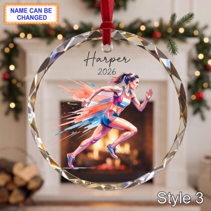 Personalized Track Runner Glass Ornament with Name and Year