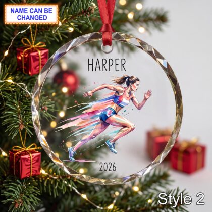 Personalized Track Runner Glass Ornament with Name and Year