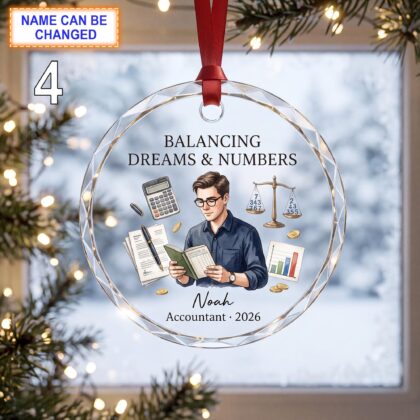 Personalized Accountant Glass Ornament with Calculator, Ledger, and Scales