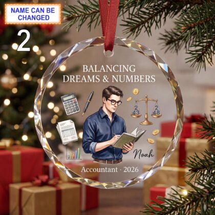 Personalized Accountant Glass Ornament with Calculator, Ledger, and Scales