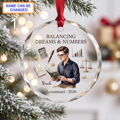Personalized Accountant Glass Ornament with Calculator, Ledger, and Scales