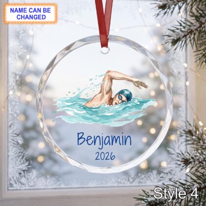 Personalized Swimmer Glass Ornament with Name and Year