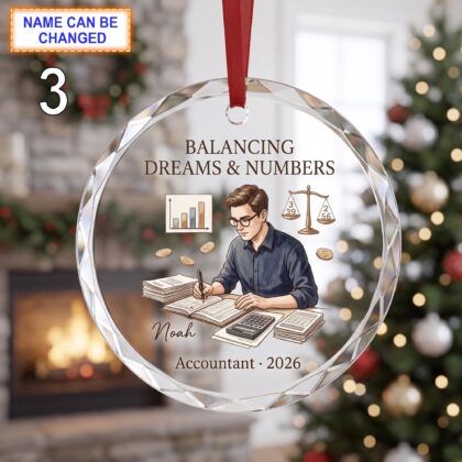 Personalized Accountant Glass Ornament with Calculator, Ledger, and Scales