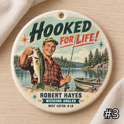 Personalized 'Hooked for Life' Fishing Ceramic Ornament