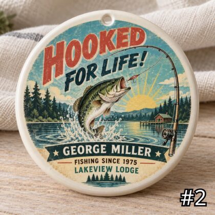 Personalized 'Hooked for Life' Fishing Ceramic Ornament