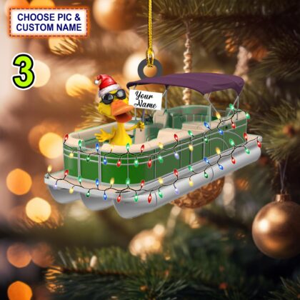 Custom Name Funny Yellow Duckies In Pontoon Boat Personalized Ornament - Image 3